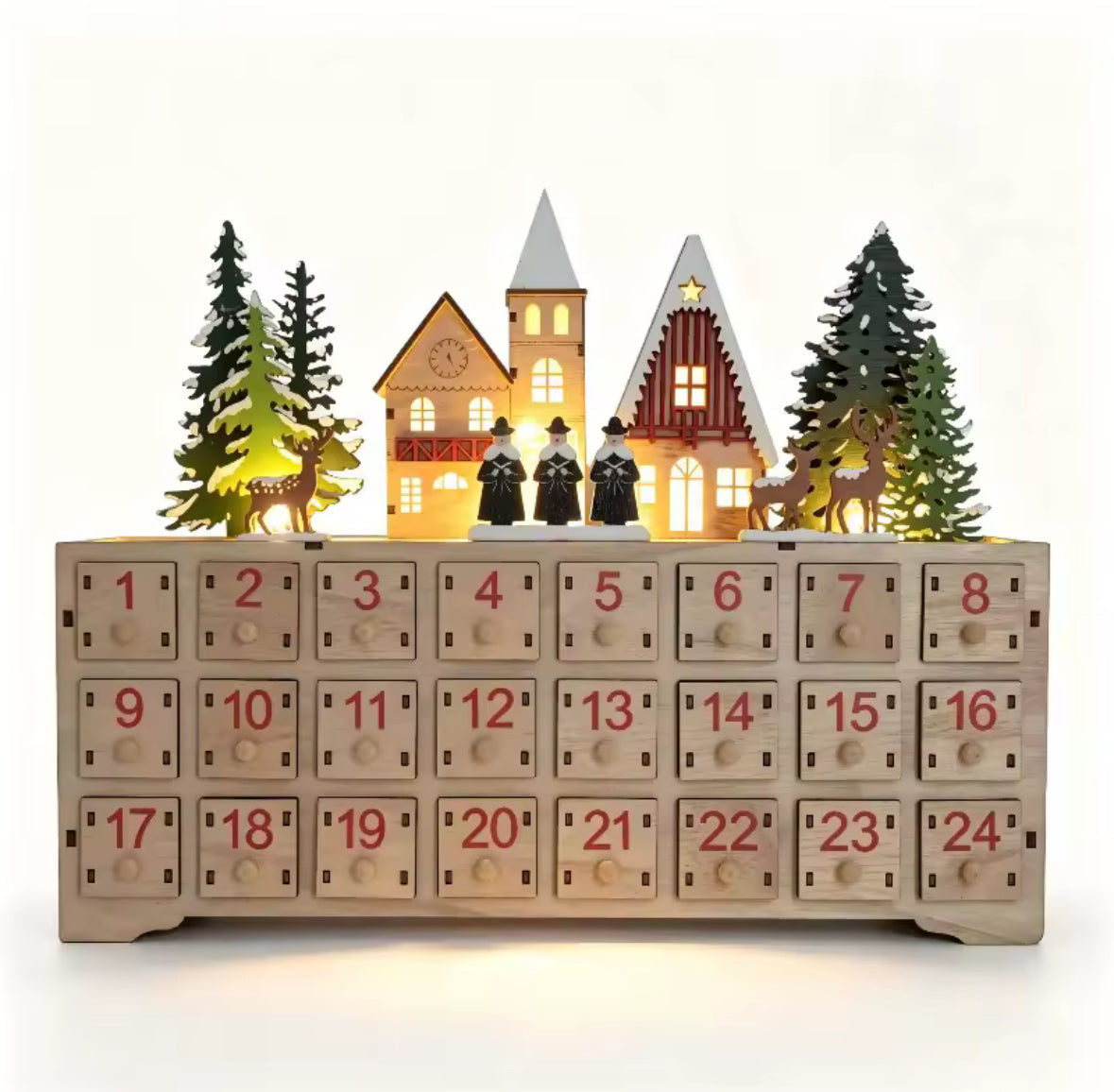 Holz-Adventskalender zum Befüllen mit LED-Licht | 24 Schubladen, wiederverwendbar, Winterhaus-Design, 34,5 × 28 cm | Adventsdeko für Familie, Wohnzimmer & Kaminsims