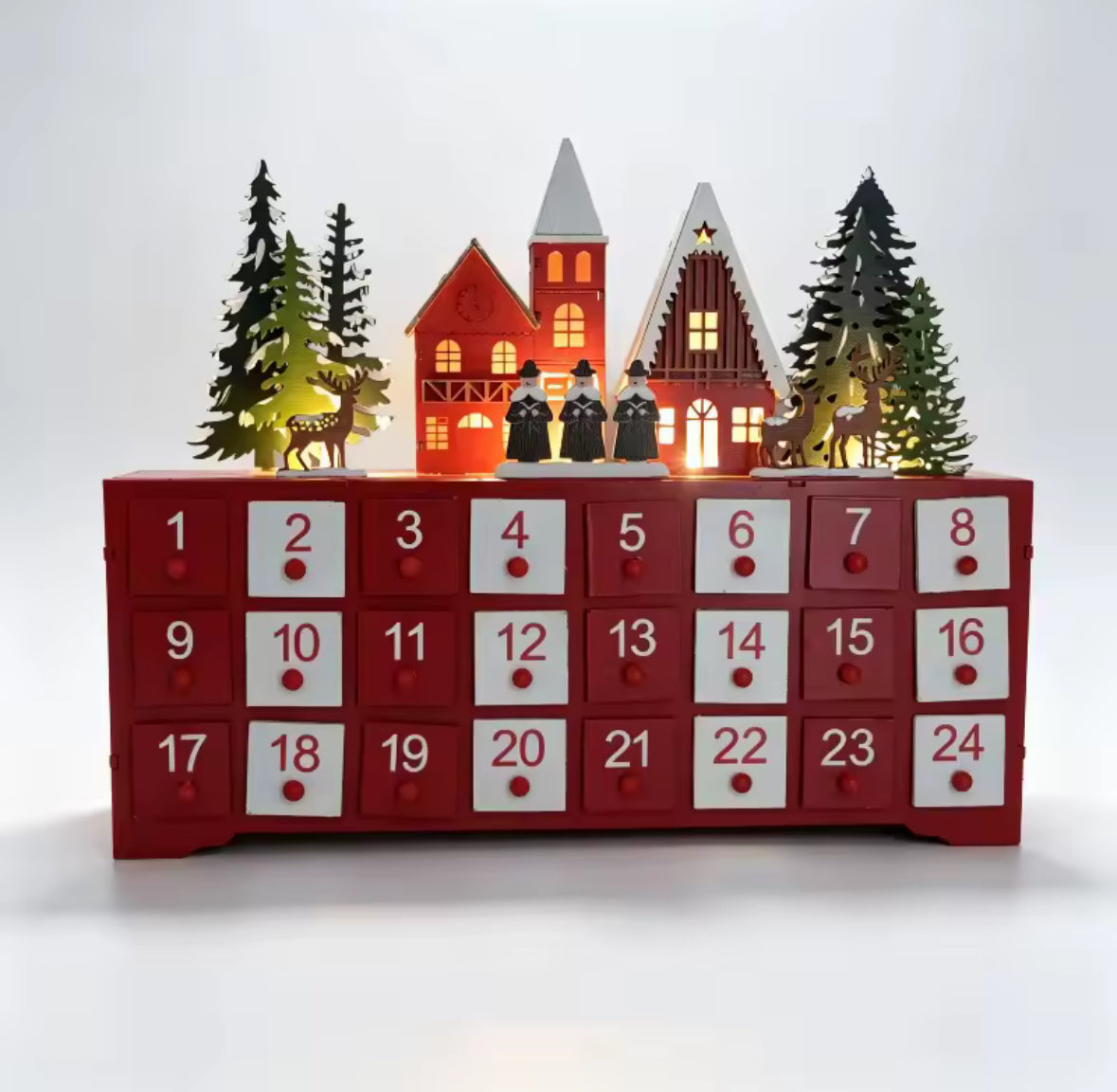 Holz-Adventskalender zum Befüllen mit LED-Licht | 24 Schubladen, wiederverwendbar, Winterhaus-Design, 34,5 × 28 cm | Adventsdeko für Familie, Wohnzimmer & Kaminsims