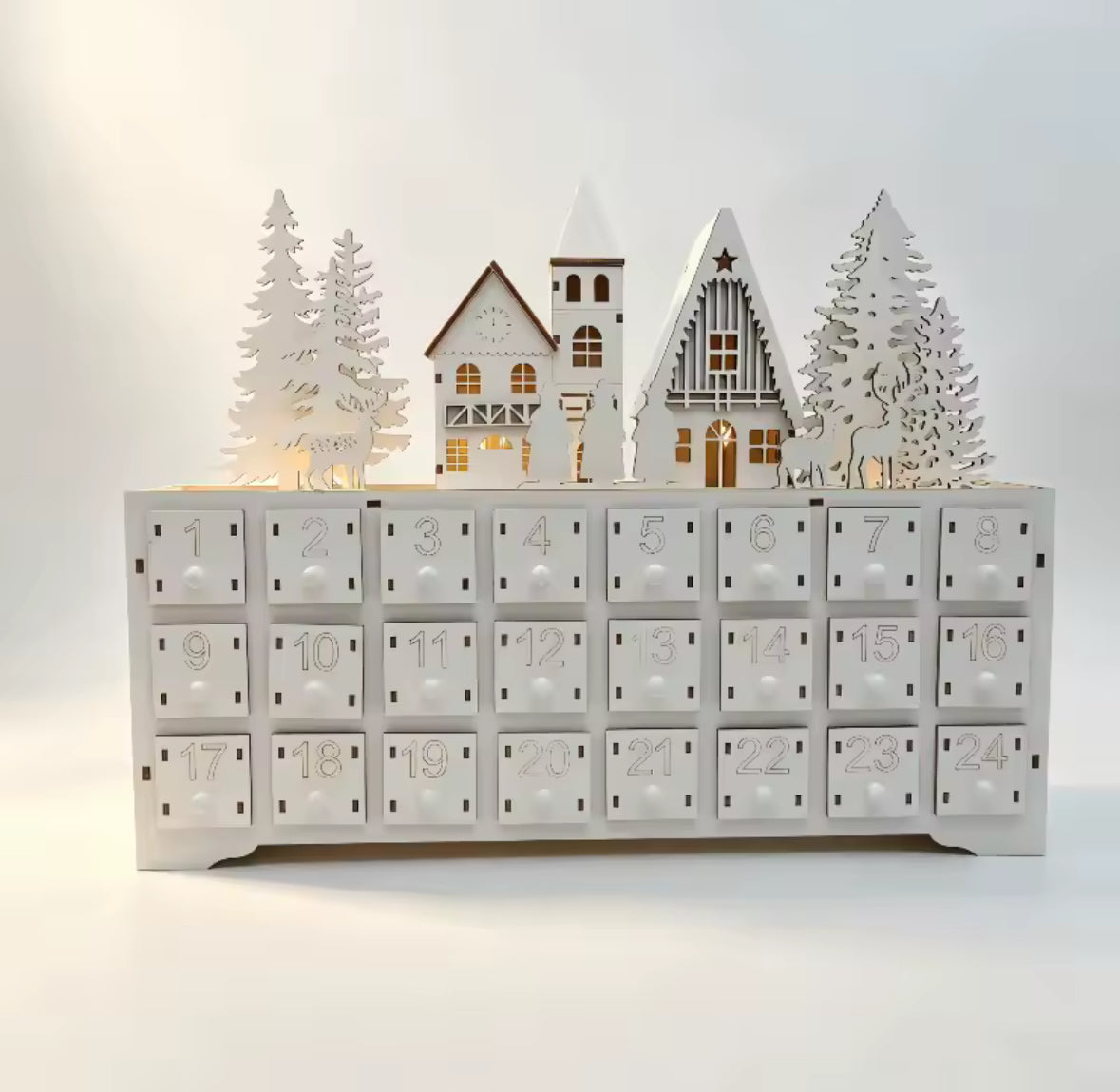 Holz-Adventskalender zum Befüllen mit LED-Licht | 24 Schubladen, wiederverwendbar, Winterhaus-Design, 34,5 × 28 cm | Adventsdeko für Familie, Wohnzimmer & Kaminsims