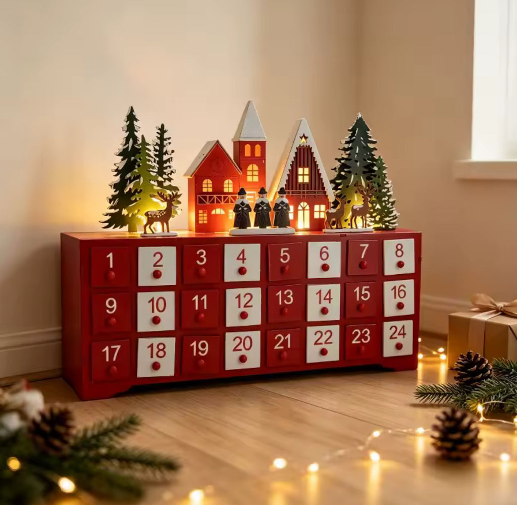 Holz-Adventskalender zum Befüllen mit LED-Licht | 24 Schubladen, wiederverwendbar, Winterhaus-Design, 34,5 × 28 cm | Adventsdeko für Familie, Wohnzimmer & Kaminsims