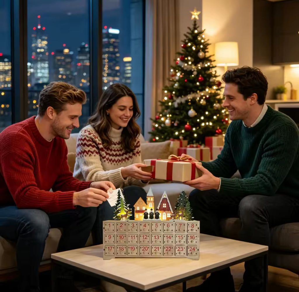 Holz-Adventskalender zum Befüllen mit LED-Licht | 24 Schubladen, wiederverwendbar, Winterhaus-Design, 34,5 × 28 cm | Adventsdeko für Familie, Wohnzimmer & Kaminsims